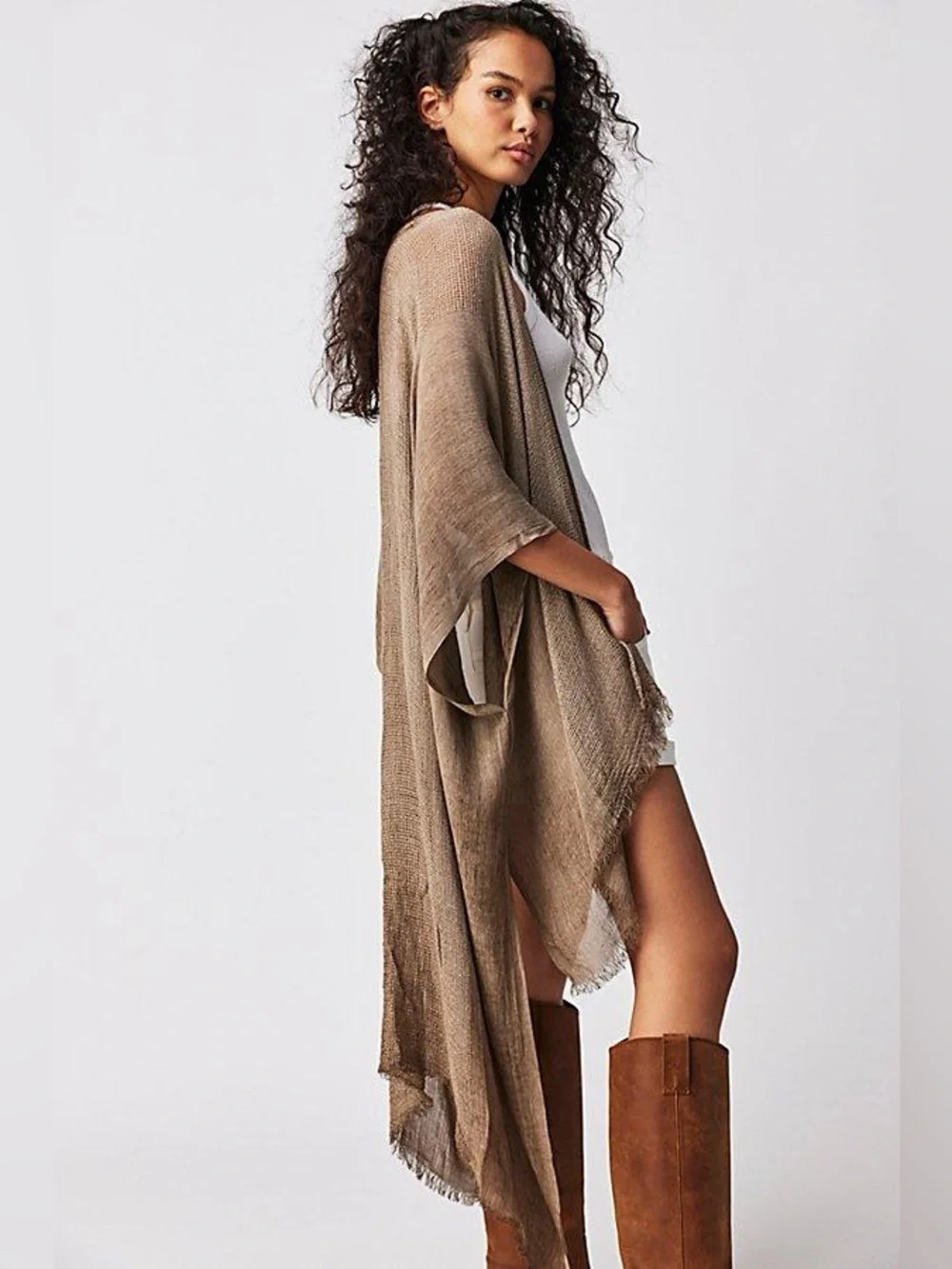 Free People Day Dream Washed Kimono in a draped, open-front taupe-brown design